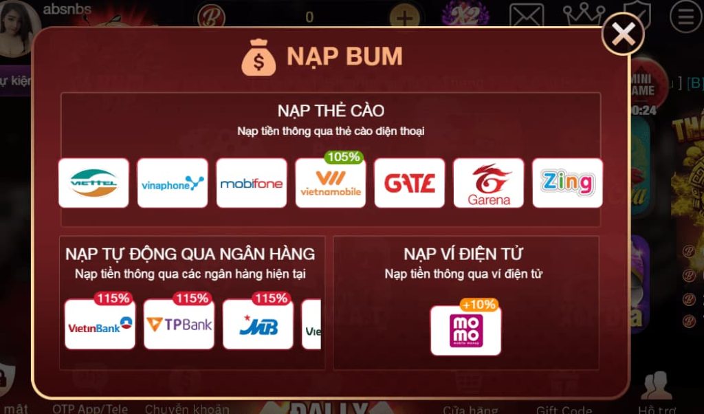 Nạp tiền nhanh chóng dễ dàng 