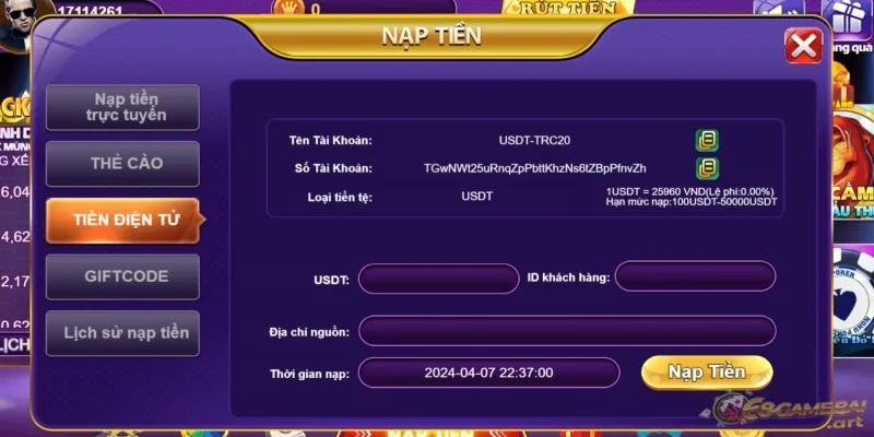 Mẫu thông tin yêu cầu nạp tiền tại 68 game bài bằng USDT