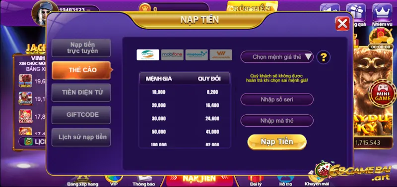 Đa dạng phương thức nạp tiền tại 68 game bài