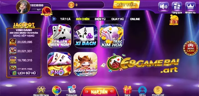 App 68 game bài vẫn có đầy đủ trò chơi như phiên bản web